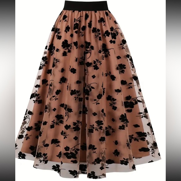 New Floral Print Mesh Lined Overlay Camel Caramel Tan Skirt Midi Maxi Black NWT - Picture 2 of 16